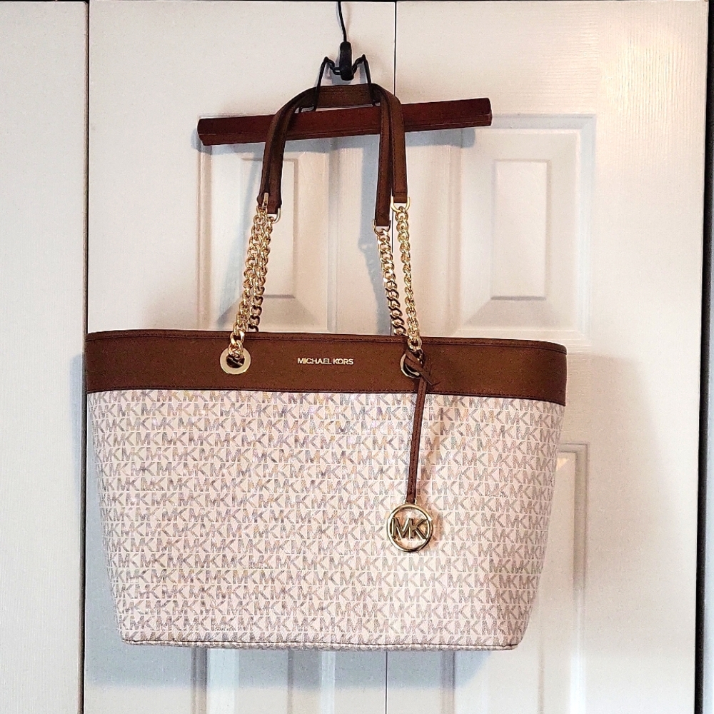 Tan Monogram Michael Kors Large Tote